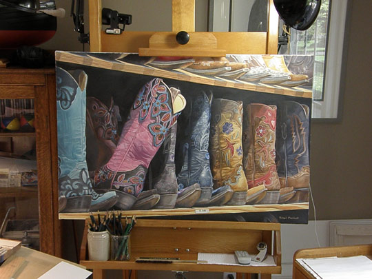 A painting in progress of fancy boots by Rick Marchant