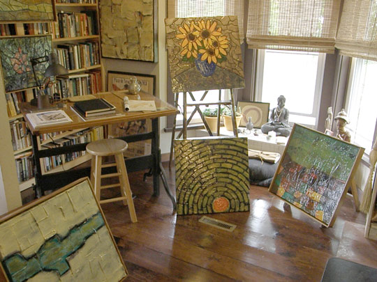 Paintings by Hongo (Dave Robinson) on display in his home