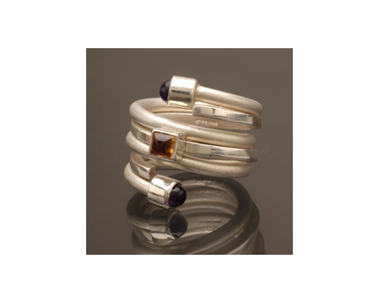 Sterling silver spiral ring with amethyst  and citrine gemstones