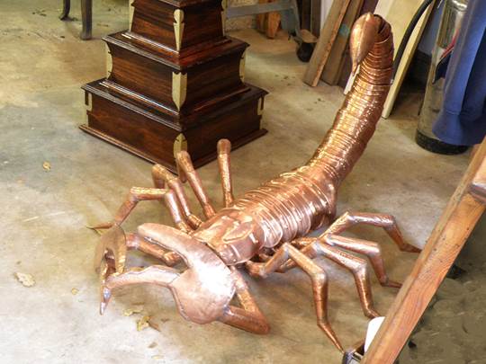 Huge scorpion sculpture in Jude Ferencz' studio