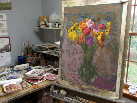 A pastel stillife in progress in Mary Padgett's studio