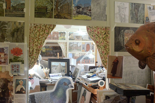 A peek into the "Painted Room" at Roger Demuth's packed studio