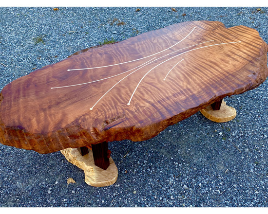 Redwood burl coffee table with maple and holly inlay