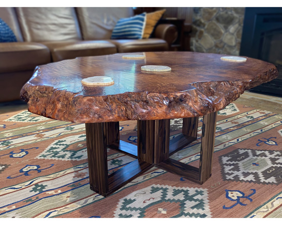 Salvaged redwood burl coffee table with Macassar ebony base