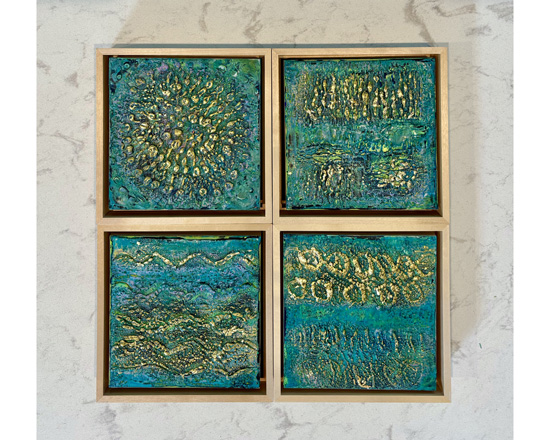 "Sea Blue, #1-4"    encaustic and gold leaf on wood panel    6"x6" each    2024