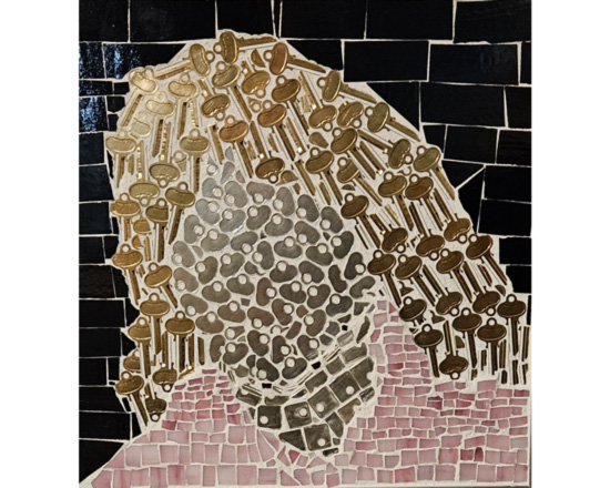 "Debbie" <br> nickel silver & brass keys, pink & black glass, 16"x16" &nbsp; 2026