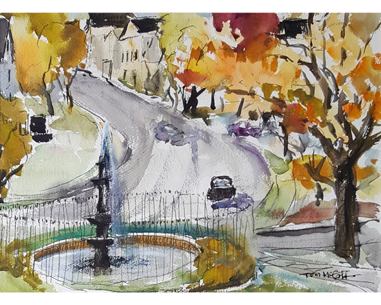 "Fenner Street Fountain"     14" X 20"     watercolor